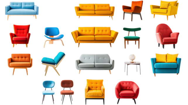Colorful furniture set on transparent background: sofas, armchairs, and chairs for interior design