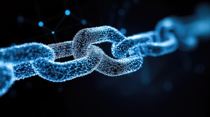 Digital chain link icon with small interconnected nodes in the background.