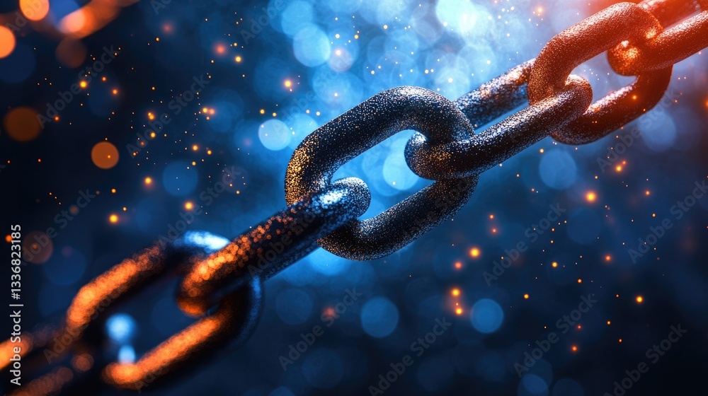 Poster digital chain link icon with small interconnected nodes in the background.