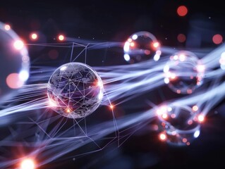 Grid computing resource share, spheres exchanging light, minimalist tech aesthetic noise, interconnected mesh network.