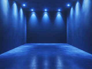 Abstract wall studio room blue background for displaying your products. Dark empty scene, blue neon searchlight light. Dark blue studio room with spotlight backdrop wallpaper. 3d blue room background
