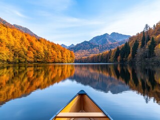 Obraz premium Serene canoe ride on a tranquil lake surrounded by autumn foliage and mountains