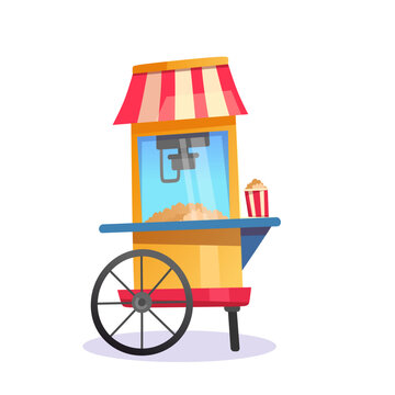 Colorful cartoon vector illustration of a popcorn cart with a striped canopy and popcorn bucket, perfect for food and carnival themed designs. Flat style amusement park vector illustration icon