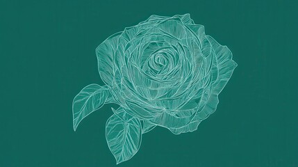 Delicate Line Art Rose on Teal Background: A Stunning Floral Illustration