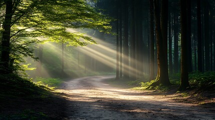 Obraz premium A peaceful forest path winding through a dense woodland, with sunlight streaming through the trees