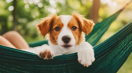 Adorable Puppy Relaxing in Hammock Surrounded by Lush Greenery
