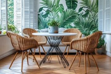 Fototapeta premium White round dining table with rattan chairs in an open-concept living room, natural light from large windows, green palm leaves on the wall, plants in the corner, and wooden floor.