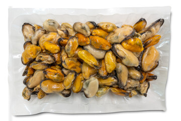Shelled mussels frozen and vacuum-sealed in clear plastic bag isolated