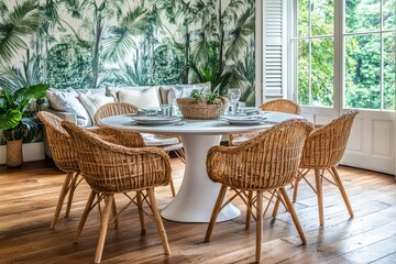 Obraz premium White round dining table with rattan chairs in an open-concept living room, natural light from large windows, green palm leaves on the wall, plants in the corner, and wooden floor.