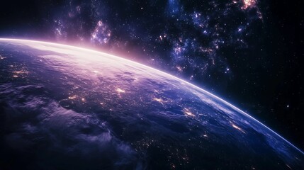 Fototapeta premium A beautiful blue and purple planet with a bright orange sun in the center. The sky is filled with stars and the planet is surrounded by a cloud of dust