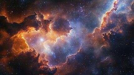 Fototapeta premium A beautiful and colorful space scene with a large orange cloud in the middle. The stars are scattered throughout the sky, creating a sense of depth and wonder