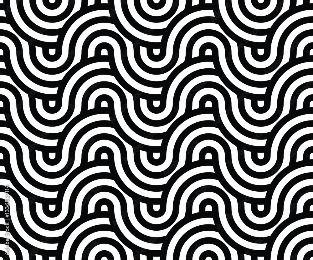 Poster Seamless braided monochrome wavy pattern. Vector geometric abstract background. Modern linear texture.