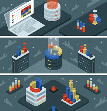 Cloud technology banners set. Secure storage and access to data from any device. Databases, SQL, MySQL education. Isometric modern vector illustration collection.
