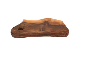 Wooden cutting kitchen board isolated on white background. Flat lay with copy space