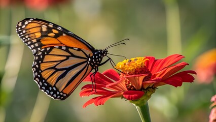 Fototapeta premium Monarch Butterfly and Blossom: Capturing the delicate beauty of nature, a majestic Monarch butterfly alights gracefully upon a vibrant red flower in a sun-kissed garden.