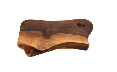 Wooden cutting kitchen board isolated on white background. Flat lay with copy space