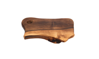 Wooden cutting kitchen board isolated on white background. Flat lay with copy space