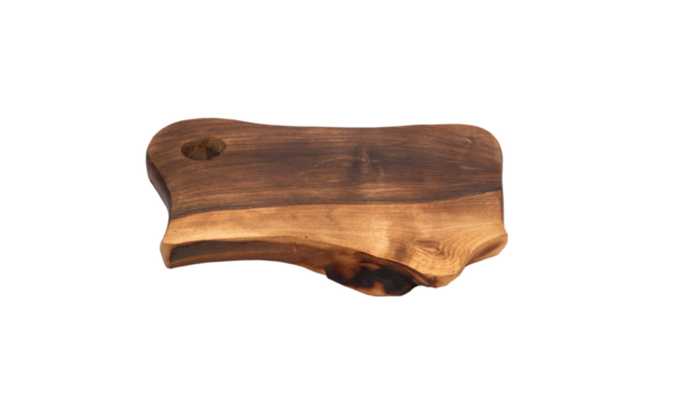 Wooden cutting kitchen board isolated on white background. Flat lay with copy space