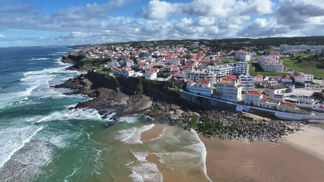 Macas Beach At Sintra In District Of Lisbon Portugal. Beach Skyline. Nature Landscape. Summer Travel. Macas Beach At Sintra In District Of Lisbon Portugal. Tropical Scenery.