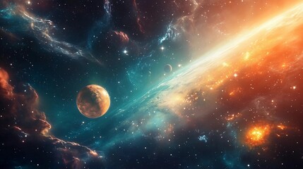 Obraz premium A colorful space scene with a planet and a moon. The planet is in the foreground and the moon is in the background. The sky is filled with stars and the colors are vibrant