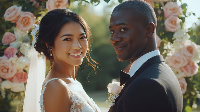 Smiling Asian bride and black groom standing together under a floral arch during their outdoor wedding ceremony, by beautiful decorations, a moment of happy diverse marriage ceremony and love