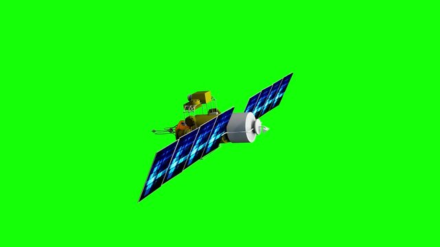 A 3d model of space satellite, futuristic sputnik model animation render floating and spinning, isolated on chroma key green screen background.