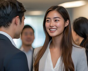 a bright smile and polished attire, the young businesswoman creates a welcoming and professional impression making up the good vibe in the office workplace.