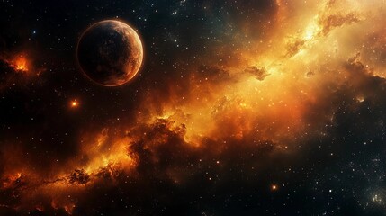 Obraz premium A large planet is in the foreground of a very large, orange cloud of gas. The planet is surrounded by a lot of stars and the cloud is very bright