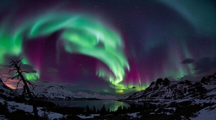 Aurora borealis on the Norway. Green northern lights above mountains. Night sky with polar lights....