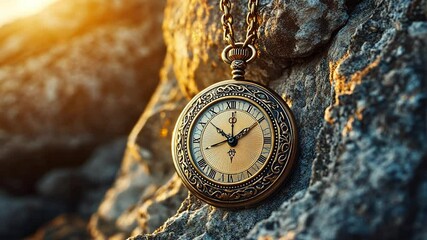 Vintage pocket watch resting on rugged rocks during sunset, capturing timeless beauty and nostalgia - Powered by Adobe