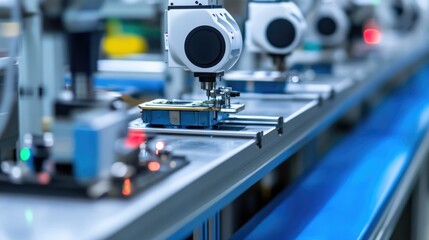 Fototapeta premium High-tech automated production line with robotic arms assembling components in a factory.