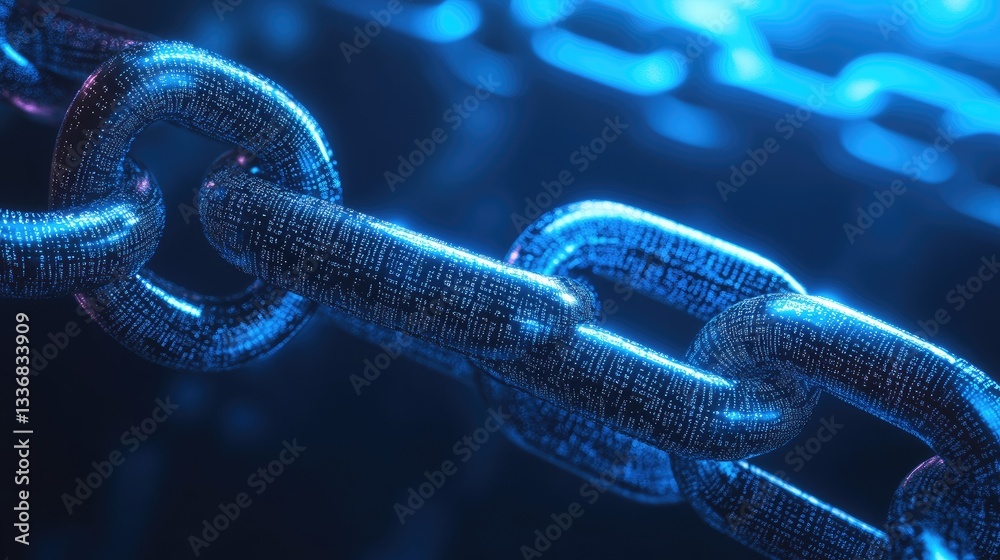 Poster high-tech blockchain security concept with decentralized data nodes.