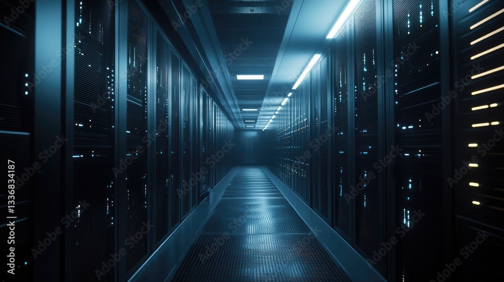 Poster high-tech cloud computing concept with secure encrypted data transfer.