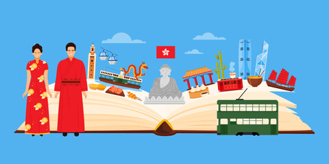 Hong Kong culture elements and landmarks, Chinese and English language learning in infographic collage with open book and people, Peak Tram and food, architecture and ferry cartoon vector illustration © Flash Vector
