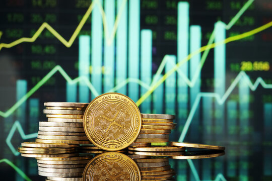Xrp cryptocurrency on reflective surface with digital stock chart background