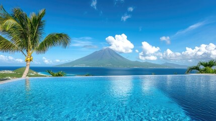 Fototapeta premium Panoramic View of Nevis Peak Overlooking a Tranquil Pool, Embraced by Blue Waters and a Summer Sky at Christopher Harbour