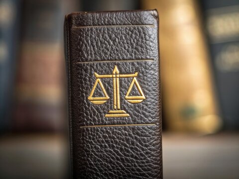 A close-up of a law book featuring a golden scales of justice emblem, symbolizing legal authority and the justice system.