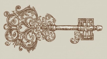 Vintage Ornate Key Design: A Detailed Drawing for Decorative Prints and Posters