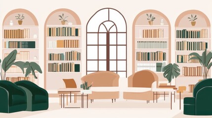 A Serene and Stylish Home Library Design with Bookshelves and Arch Windows