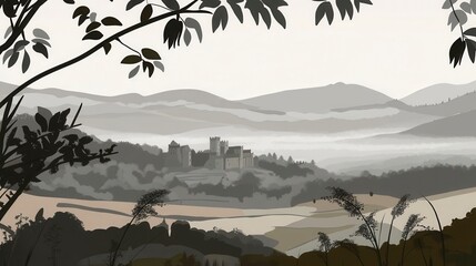 Misty Valley with Ancient Castle - A Scenic Landscape Painting