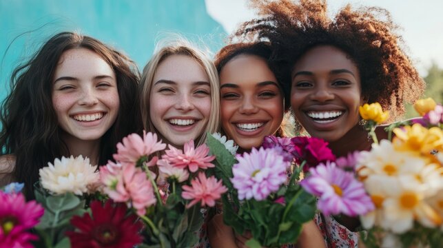 Diverse female florists are posing with colorful bouquets of flowers, smiling happily celebration women international day 8 of march