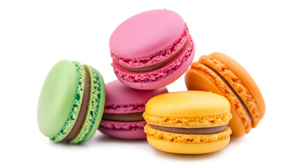A stack of colorful macarons with different flavors. The colors are green, pink, yellow, and orange