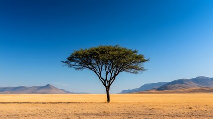Naklejka premium Lone Tree Standing Tall in Arid Desert Landscape Representing Hope Amidst Climate Change