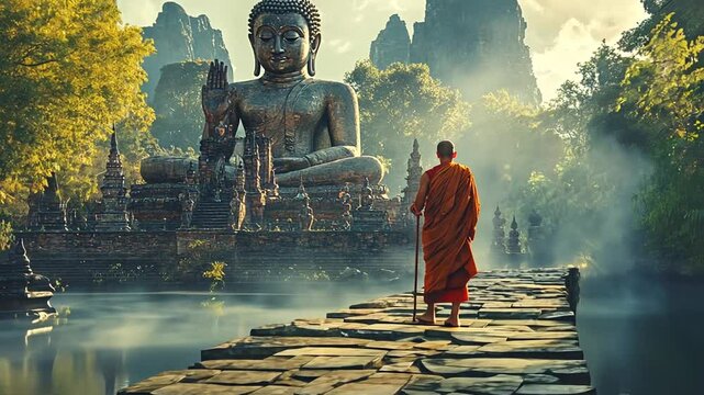 Spiritual journey: serene monk's walk towards enlightenment and majestic Buddha statue