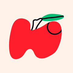 Red apple, green leaf. Hand drawn trendy Vector illustration. Isolated design element. Tasty fruit, healthy food concept. Modern, childish, cartoon, unique flat style