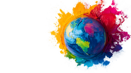 A colorful globe with splatters of paint on it. The globe is surrounded by a white background