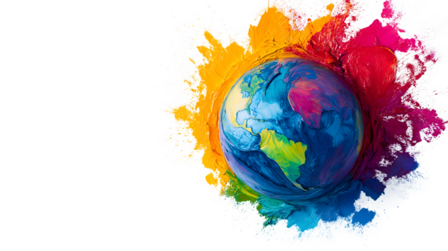 A colorful globe with splatters of paint on it. The globe is surrounded by a white background