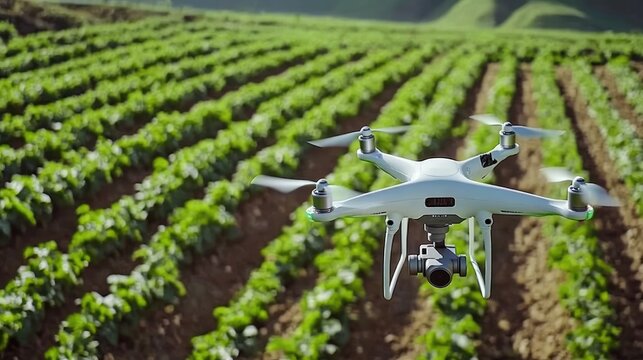 Modern drone technology at work, capturing aerial shots of sunrise-kissed farmland and rich green vegetation.