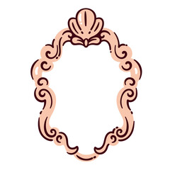 Ornate pink frame with carved filigree for mirror and picture. Funny swirls and flourishes in Victorian style decorate frame. Art museum mascot, retro photo border cartoon vector illustration