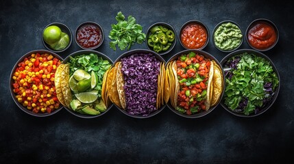 Fototapeta premium Colorful assortment of tacos with various toppings and sauces. Fresh ingredients arranged in bowls